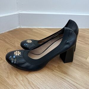 Tory Burch Jolie Block Heels - Size 8M Black Leather, Pumps
